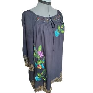 Krista Lee Embroidered Beaded Tunic Dress Size Medium Gray Floral